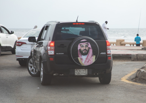 Crown prince mohammed bin salman on the tyre protection of a car, Mecca province, Jeddah, Saudi Arabia