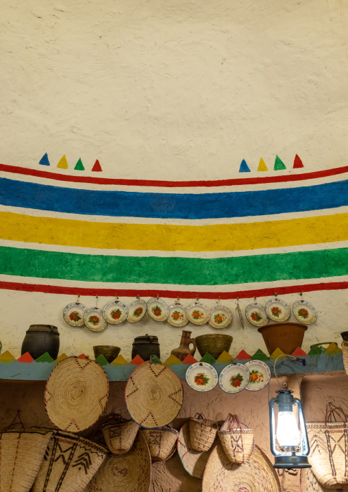 Decoration inside a traditional al Ousha Attiniya house, Jizan Province, Jizan, Saudi Arabia