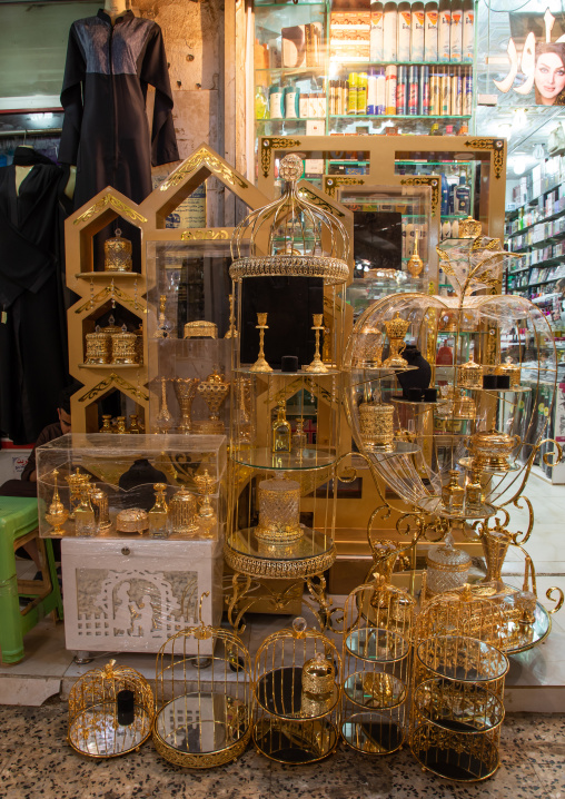 Golden cages and articles for sale in a shop, Jizan Province, Sabya, Saudi Arabia