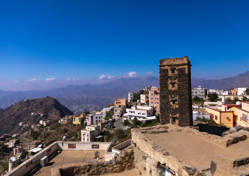 Stone watchtower in the middle of a village in the mountains, Jizan Province, Addayer, Saudi Arabia