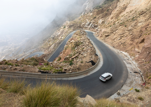 Car in the mountain road, Jizan Province, Jabal Al Hashr, Saudi Arabia