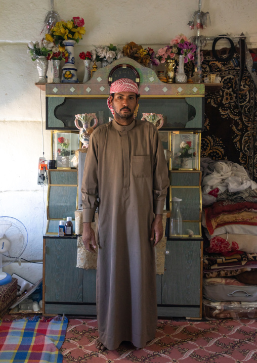 Saudi farmer in his traditional house, Najran Province, Najran, Saudi Arabia