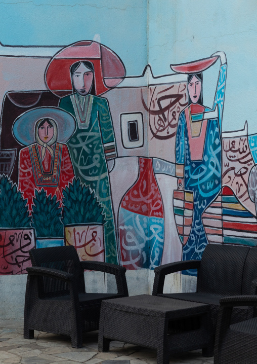 Mural painting in Muftaha village art gallery, Asir province, Abha, Saudi Arabia