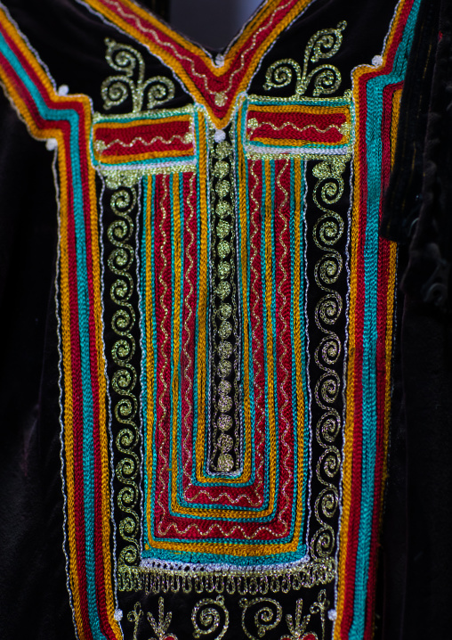 Traditional embroideries on a woman dress, Asir province, Abha, Saudi Arabia
