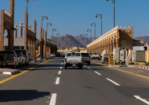 Rear view of a car on a road, Najran Province, Najran, Saudi Arabia