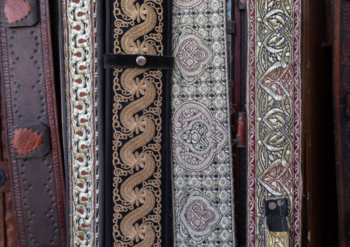 Belts for janbiya daggers for sale in a shop, Najran Province, Najran, Saudi Arabia