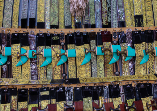 Belts and janbiya daggers for sale in a shop, Najran Province, Najran, Saudi Arabia