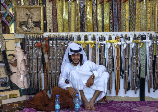 Saudi man selling belts and  janbiya daggers, Najran Province, Najran, Saudi Arabia