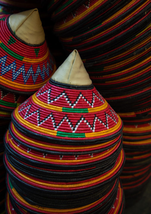 Colorful traditional basketry used to cover plates, Najran Province, Najran, Saudi Arabia