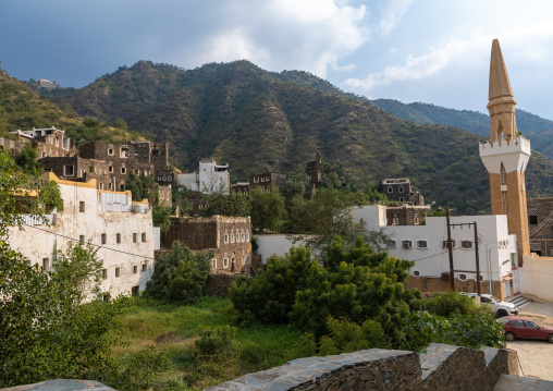 Mosque in front of the old houses, Asir province, Rijal Alma, Saudi Arabia