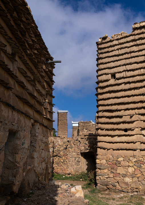 Stone and mud houses and watchtower with slates in al Khalaf village, Asir province, Sarat Abidah, Saudi Arabia