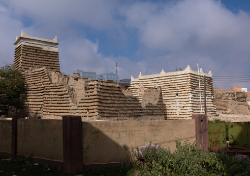 Stone and mud houses with slates in al Khalaf village, Asir province, Sarat Abidah, Saudi Arabia