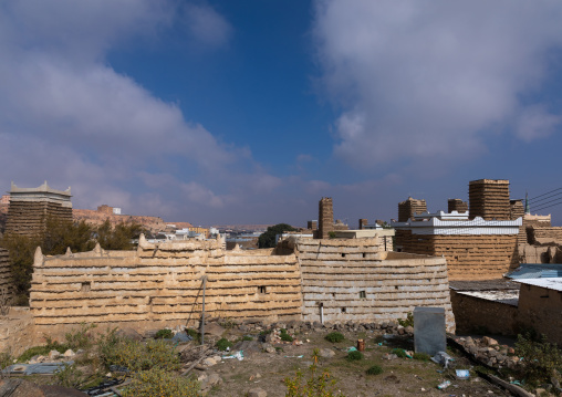 Stone and mud houses with slates in al Khalaf village, Asir province, Sarat Abidah, Saudi Arabia