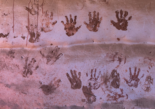 Traditional house decorated with handprints to bring luck, Asir province, Sarat Abidah, Saudi Arabia