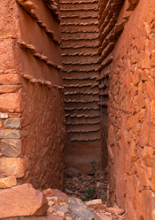 Red stone and mud houses with slates, Asir province, Sarat Abidah, Saudi Arabia