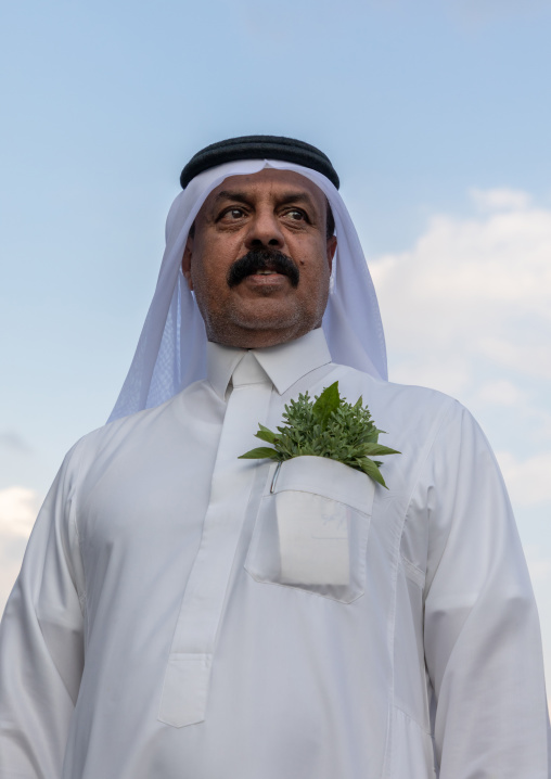 Portrait of a saudi man with perfumed herbs in his pocket, Asir province, Muhayil, Saudi Arabia