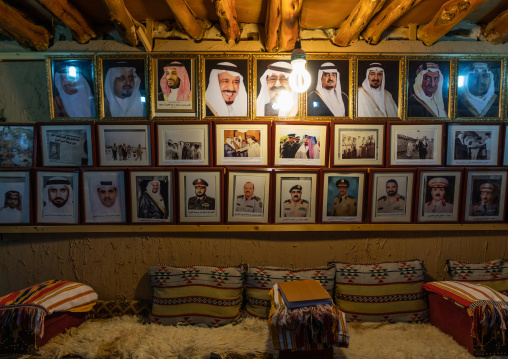 Portraits of saudi rulers and leaders in an old house, Asir province, Al Olayan, Saudi Arabia