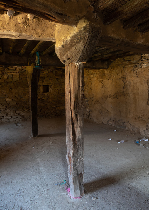 Wooden pillar in an old of of Dhee Ayn marble village, Al-Bahah region, Al Mukhwah, Saudi Arabia