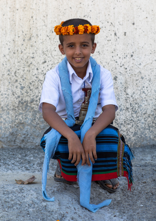 Portrait of a flower boy wearing a floral crown on the head, Jizan Province, Addayer, Saudi Arabia