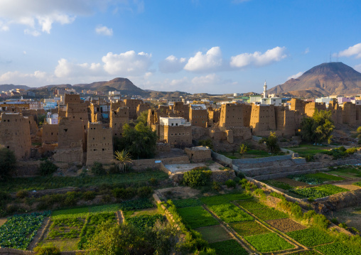Aerial view of an old village with traditional mud houses, Asir province, Dhahran Al Janub, Saudi Arabia