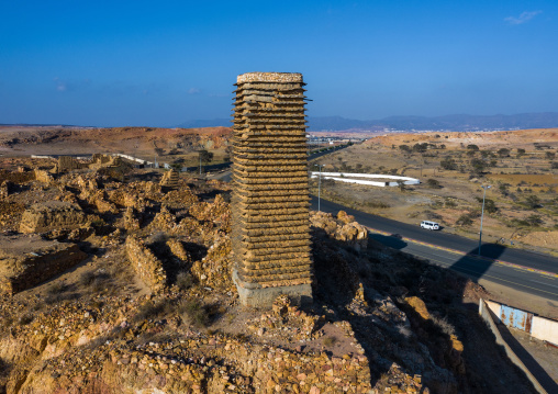 Aerial view of a stone and mud watchtower with slates, Asir province, Sarat Abidah, Saudi Arabia