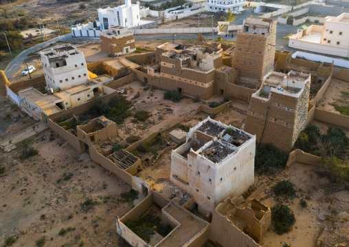 Aerial view of an old village with traditional mud houses, Asir province, Ahad Rufaidah, Saudi Arabia