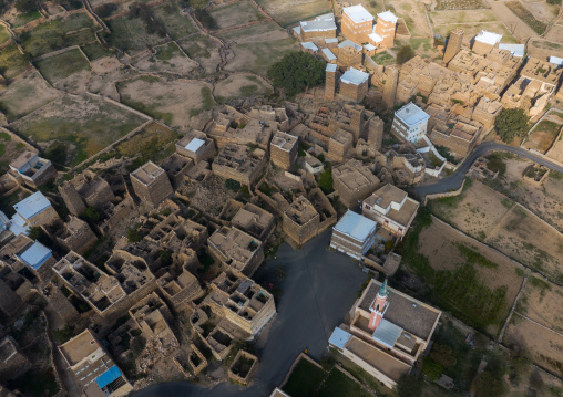 Aerial view of stone and mud houses with slates in al Khalaf village, Asir province, Sarat Abidah, Saudi Arabia