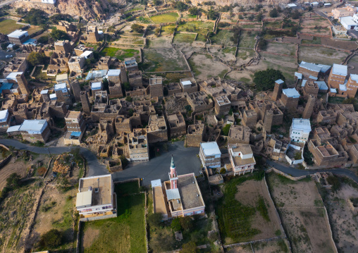 Aerial view of stone and mud houses with slates in al Khalaf village, Asir province, Sarat Abidah, Saudi Arabia