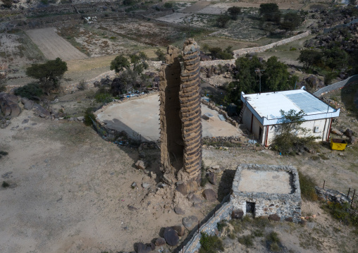 Aerial view of stone and mud watchtower in al Khalaf village, Asir province, Sarat Abidah, Saudi Arabia