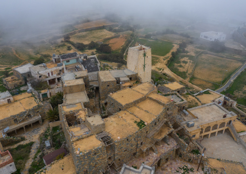 Aerial view of old houses built in stones in heritage village, Asir province, Al Olayan, Saudi Arabia
