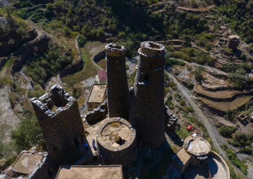 Aerial view of traditional stone watchtowers, Jizan Province, Addayer, Saudi Arabia