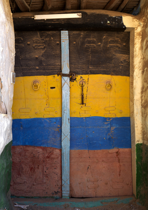 Multi colored door in a village, Asir province, Ahad Rufaidah, Saudi Arabia