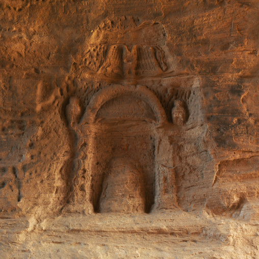 Detail of a Nabataean tomb in al-Hijr archaeological site in Madain Saleh, Al Madinah Province, Alula, Saudi Arabia