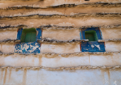 Windows of a traditional clay and silt home in a village, Asir Province, Ahad Rafidah, Saudi Arabia