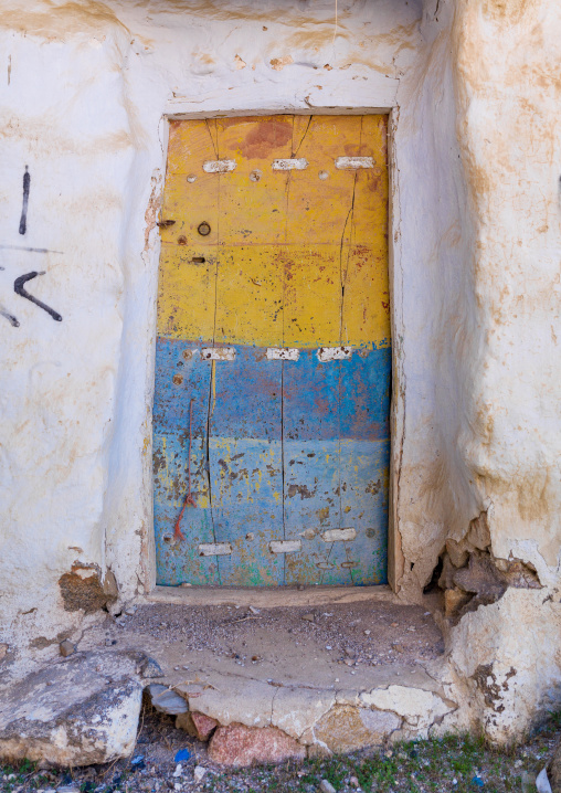 Door of a traditional clay and silt home in a village, Asir Province, Ahad Rafidah, Saudi Arabia