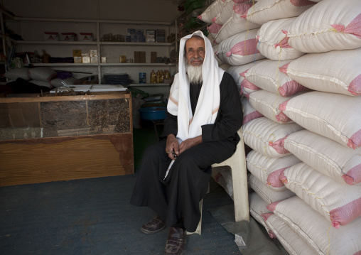 Ols saudi man in a shop, Al-Jawf Province, Sakaka, Saudi Arabia