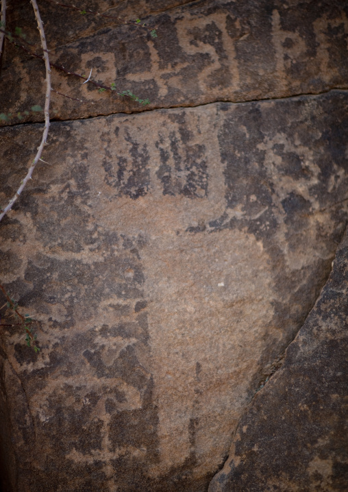 Petroglyphs on a rock depicting women dancing, Najran Province, Abar Himma, Saudi Arabia