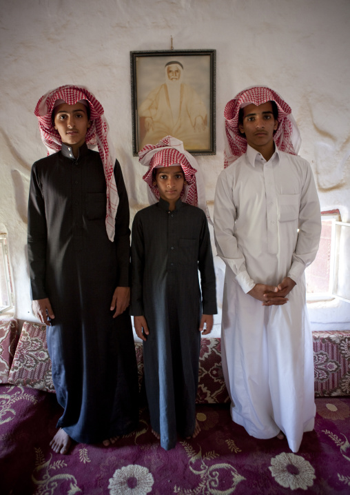 Saudi children in an old house, Najran Province, Najran, Saudi Arabia