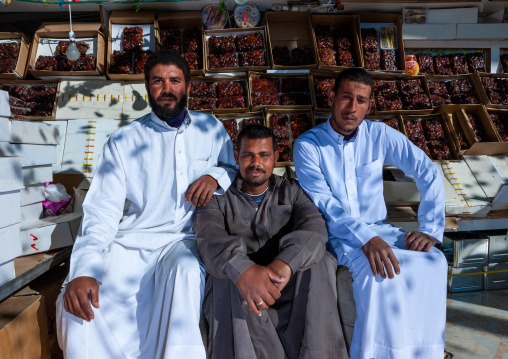 Dates sellers in a market, Al-Jawf Province, Sakaka, Saudi Arabia