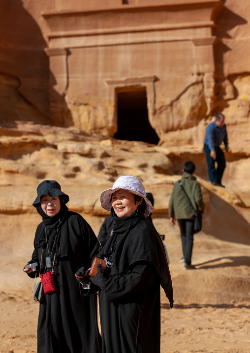 Tourists in madain saleh archaeologic site, Al Madinah Province, Al-Ula, Saudi Arabia