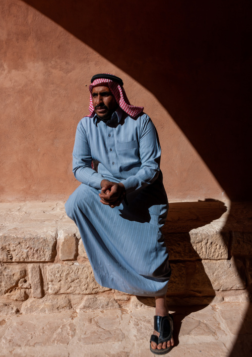 Saudi man inside the old ottoman fort from hijaz railway, Al Madinah Province, Al-Ula, Saudi Arabia