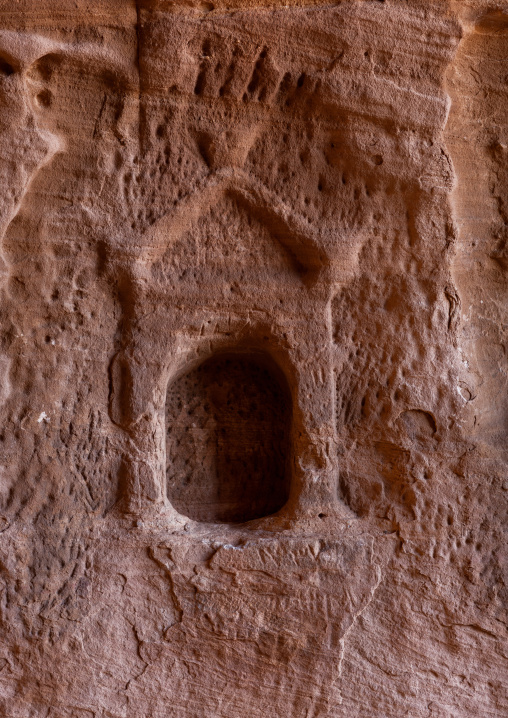 Detail of a nabataean tomb in madain saleh archaeologic site, Al Madinah Province, Al-Ula, Saudi Arabia