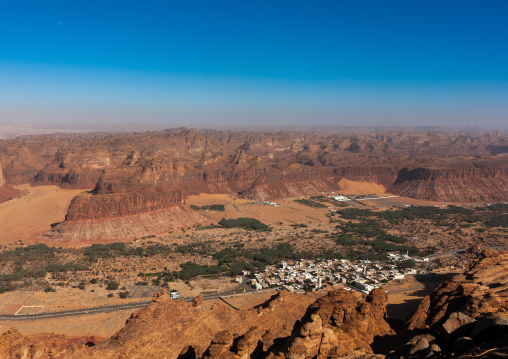 Elevated view of al-ula town and oasis, Al Madinah Province, Al-Ula, Saudi Arabia