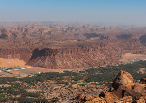 Elevated view of al-ula town and oasis, Al Madinah Province, Al-Ula, Saudi Arabia