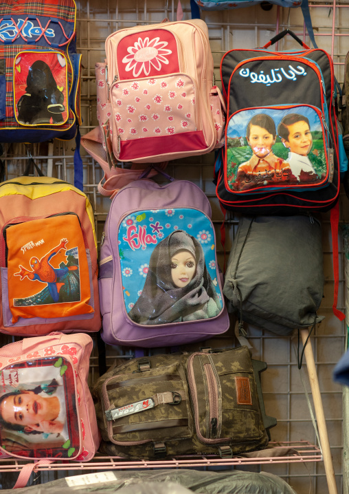 School bags for sale in the souk, Riyadh Province, Riyadh, Saudi Arabia