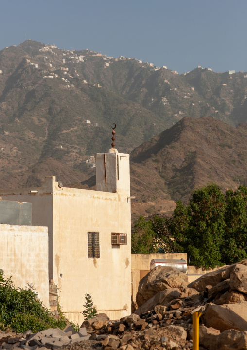 Mosque front of the mountain, Al-Sarawat, Fifa Mountains, Saudi Arabia