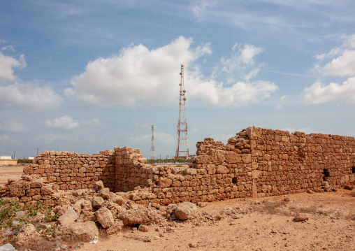 Mobile phones antennas in front of old walls, Jizan Region, Farasan island, Saudi Arabia