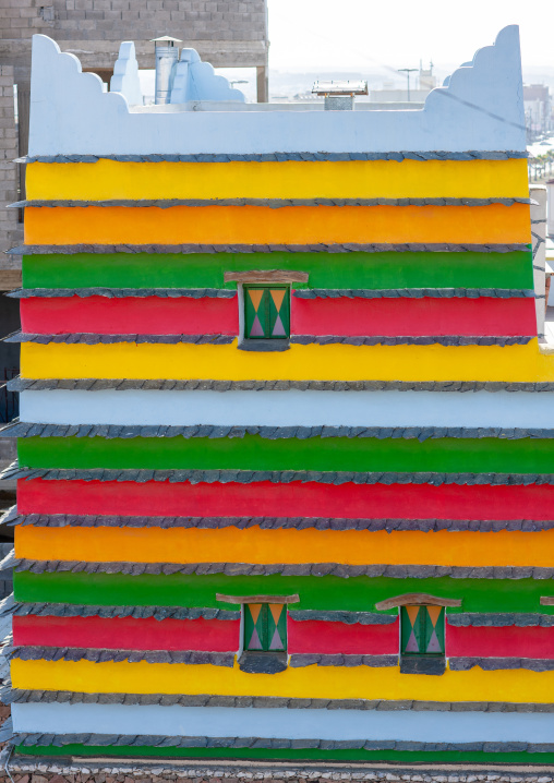 Bin hamsan house with its bright colours, Asir province, Khamis Mushayt, Saudi Arabia