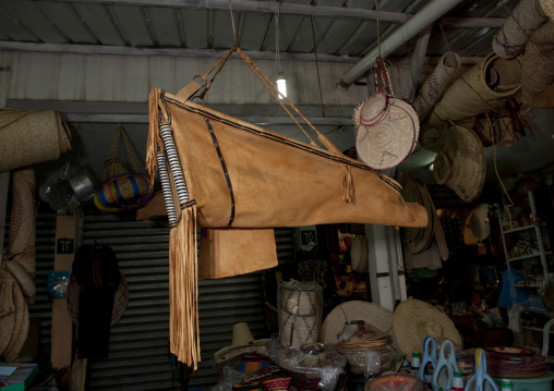 Traditional leather cradle for babies for sale in a shop, Asir province, Abha, Saudi Arabia
