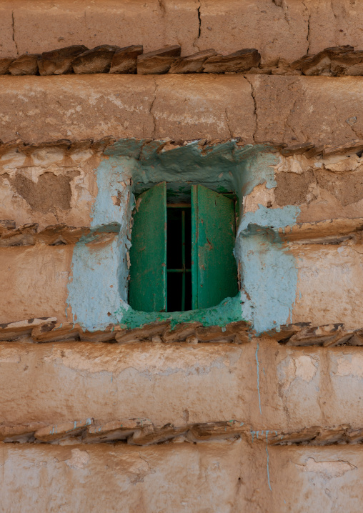 Window of a traditional clay and silt home in a village, Najran Province, Najran, Saudi Arabia